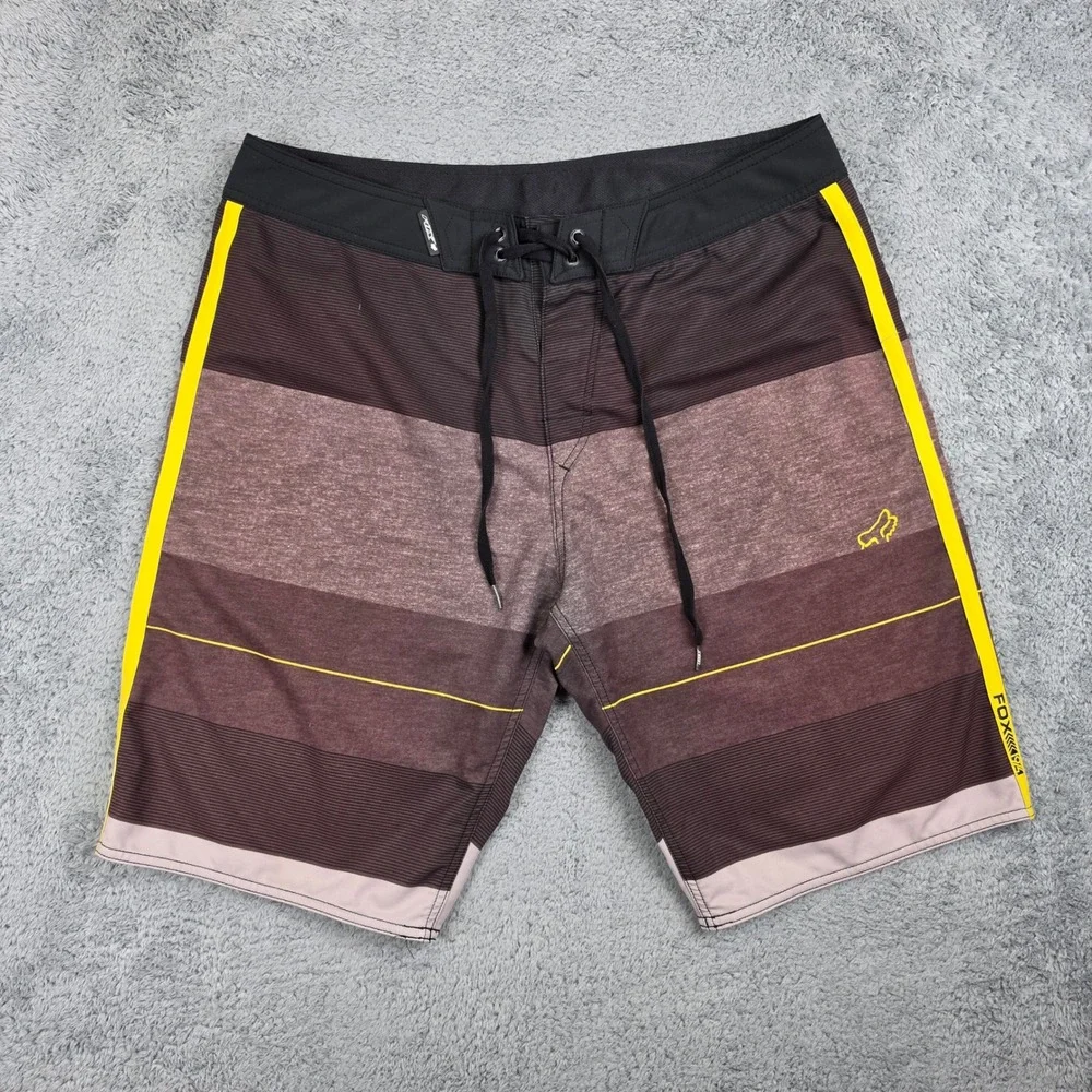 Fox Racing Board Shorts Mens 36 Brown Yellow Striped Performance Swim Trunks MX